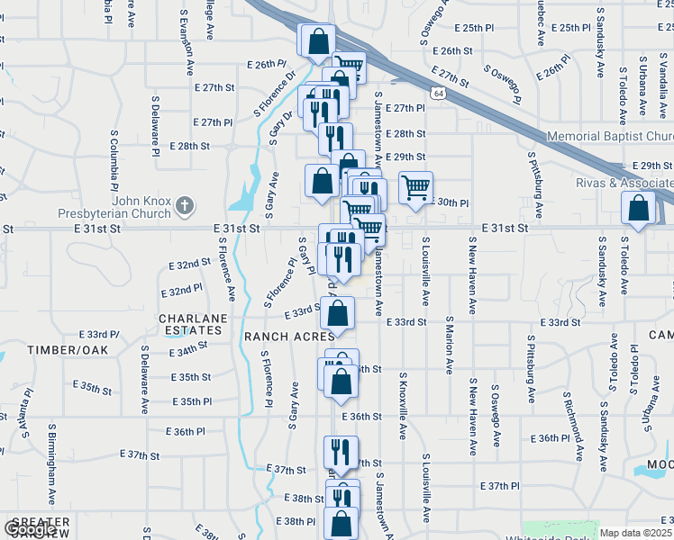 map of restaurants, bars, coffee shops, grocery stores, and more near 3147 South Harvard Avenue in Tulsa