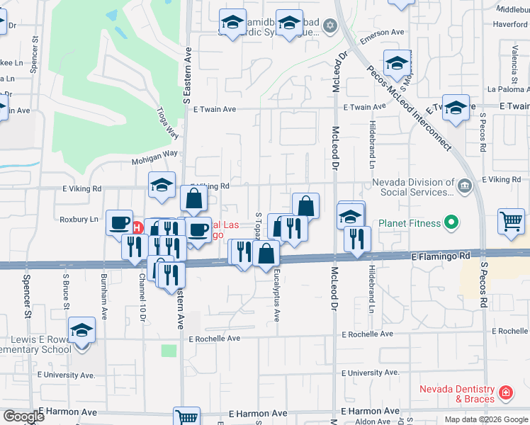 map of restaurants, bars, coffee shops, grocery stores, and more near 3986 Saddlewood Court in Las Vegas