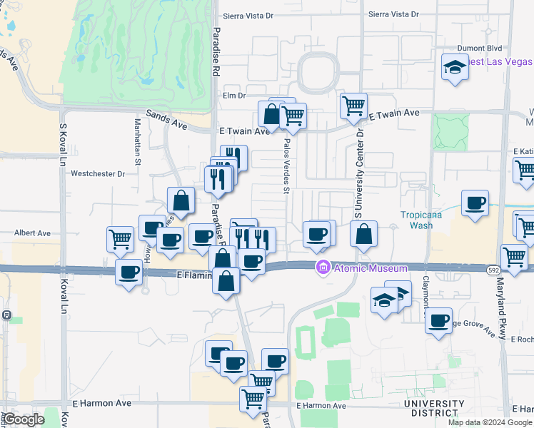 map of restaurants, bars, coffee shops, grocery stores, and more near 496 Albert Avenue in Las Vegas