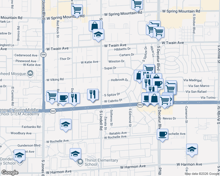 map of restaurants, bars, coffee shops, grocery stores, and more near 3999 South Camas Court in Las Vegas