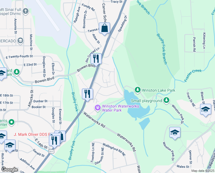 map of restaurants, bars, coffee shops, grocery stores, and more near 212 East Drive in Winston-Salem
