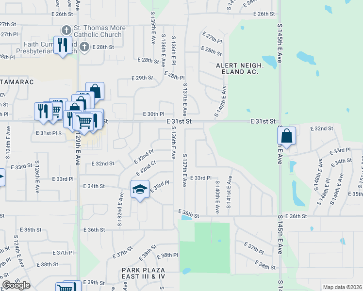 map of restaurants, bars, coffee shops, grocery stores, and more near 3221 South 136th East Avenue in Tulsa