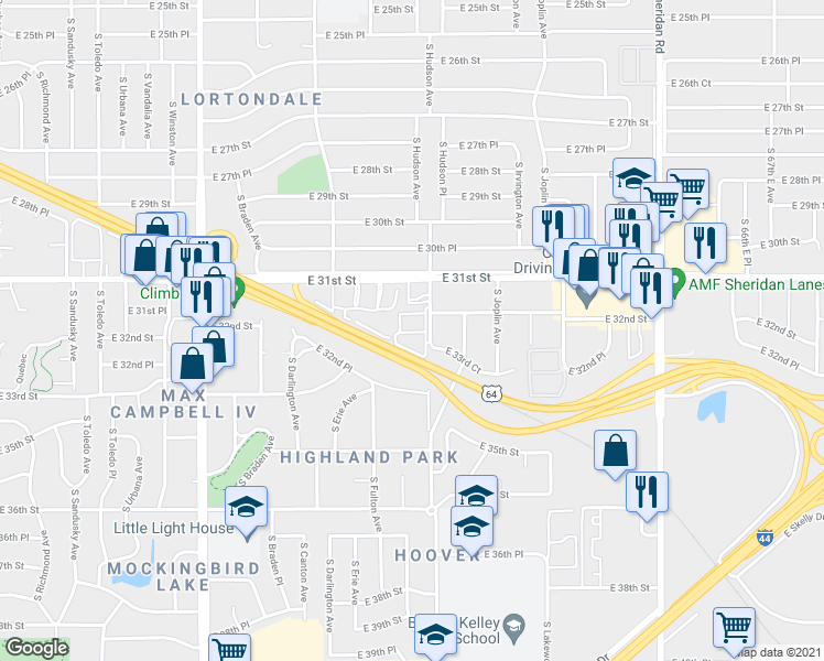 map of restaurants, bars, coffee shops, grocery stores, and more near 3254 South Hudson Avenue in Tulsa