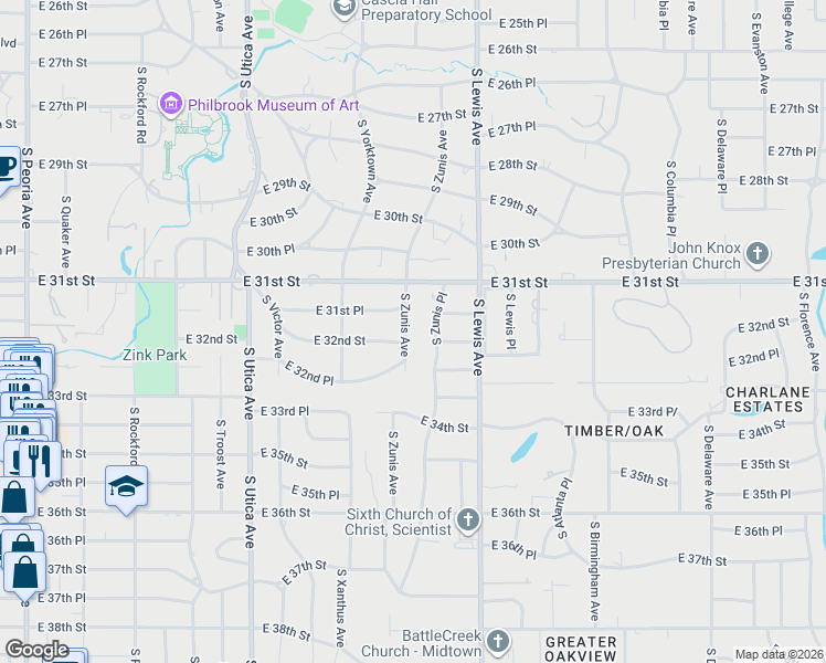 map of restaurants, bars, coffee shops, grocery stores, and more near 3150 South Zunis Avenue in Tulsa
