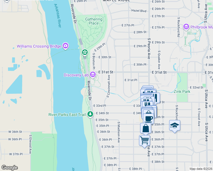 map of restaurants, bars, coffee shops, grocery stores, and more near 3152 South Cincinnati Avenue in Tulsa