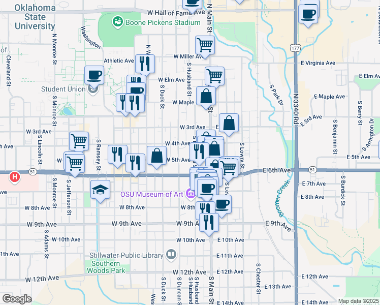 map of restaurants, bars, coffee shops, grocery stores, and more near 212 West 5th Avenue in Stillwater