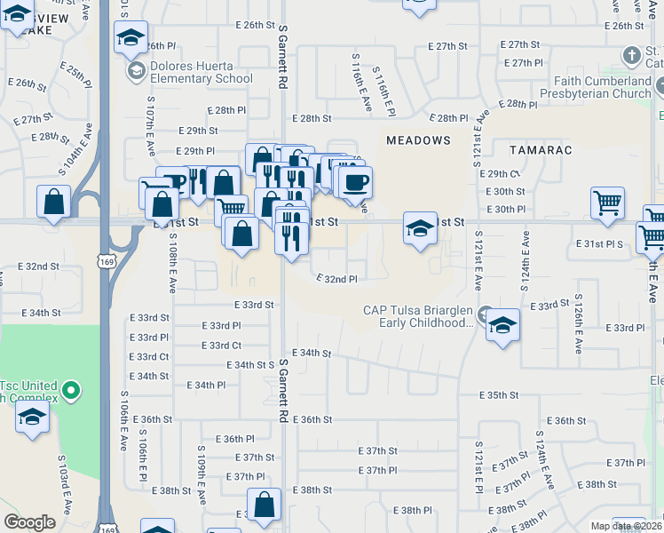 map of restaurants, bars, coffee shops, grocery stores, and more near 11427 East 32nd Place in Tulsa