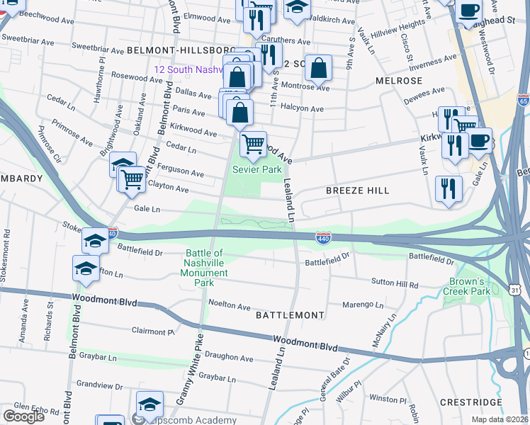 map of restaurants, bars, coffee shops, grocery stores, and more near 1014A Gale Lane in Nashville