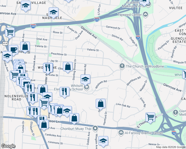 map of restaurants, bars, coffee shops, grocery stores, and more near 401 Lutie Drive in Nashville