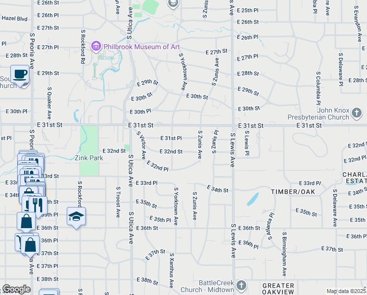 map of restaurants, bars, coffee shops, grocery stores, and more near 2121 E 32nd St in Tulsa