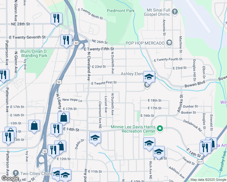 map of restaurants, bars, coffee shops, grocery stores, and more near 1901 North Dunleith Avenue in Winston-Salem