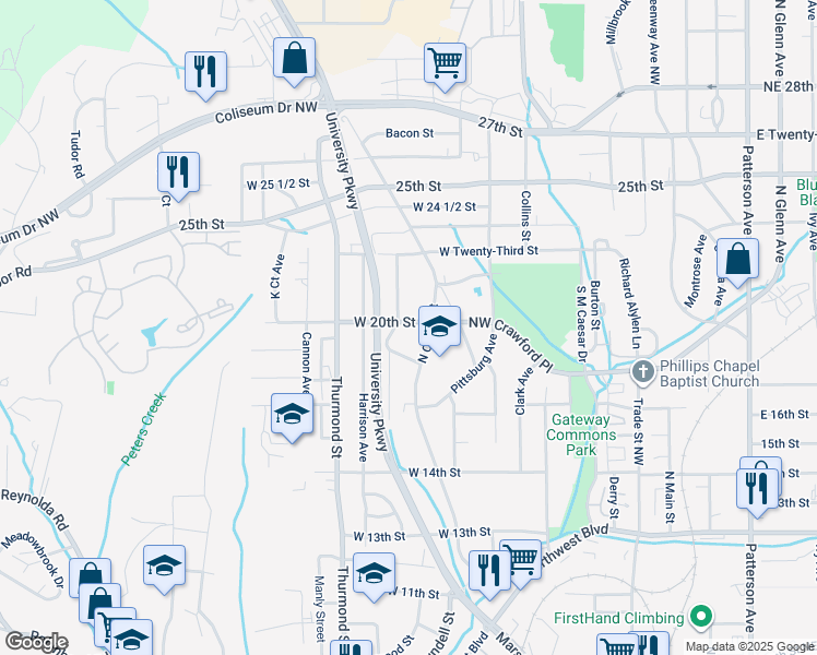 map of restaurants, bars, coffee shops, grocery stores, and more near 1731 Lincoln Avenue Northwest in Winston-Salem
