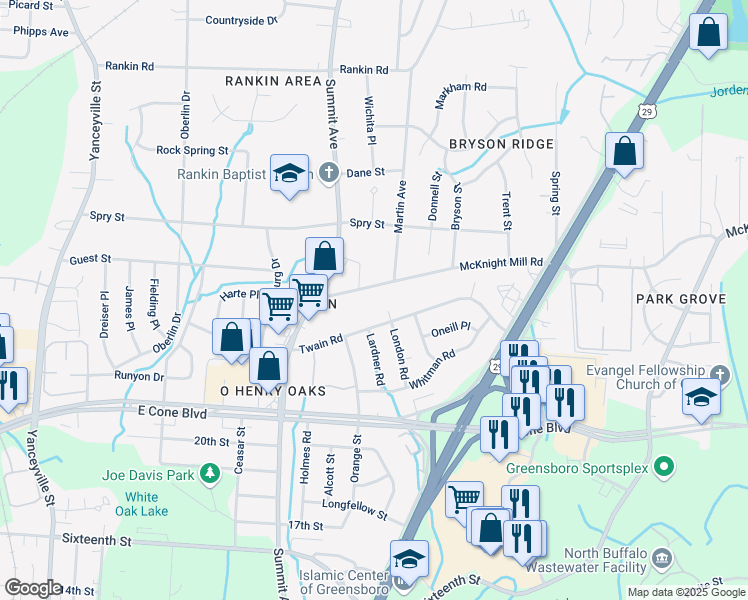 map of restaurants, bars, coffee shops, grocery stores, and more near 1614 McKnight Mill Road in Greensboro