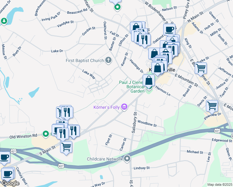 map of restaurants, bars, coffee shops, grocery stores, and more near 374 South Cherry Street in Kernersville
