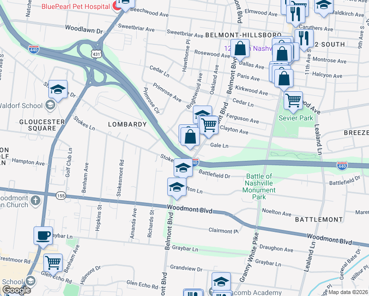 map of restaurants, bars, coffee shops, grocery stores, and more near 1701 Gale Lane in Nashville
