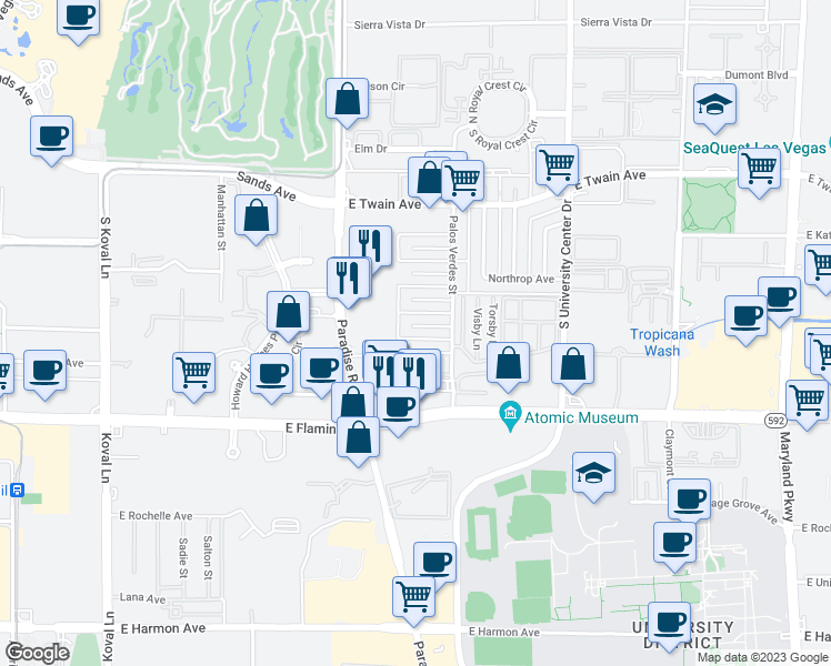 map of restaurants, bars, coffee shops, grocery stores, and more near 497 Mckellar Circle in Las Vegas