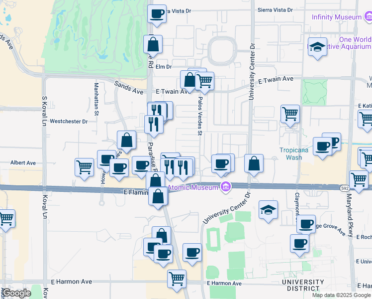 map of restaurants, bars, coffee shops, grocery stores, and more near 496 Albert Avenue in Las Vegas