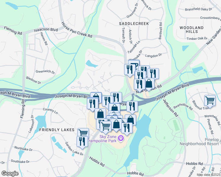 map of restaurants, bars, coffee shops, grocery stores, and more near 2710 North Keswick Way in Greensboro