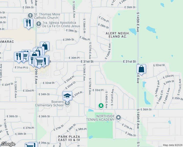 map of restaurants, bars, coffee shops, grocery stores, and more near 3213 South 137th East Avenue in Tulsa