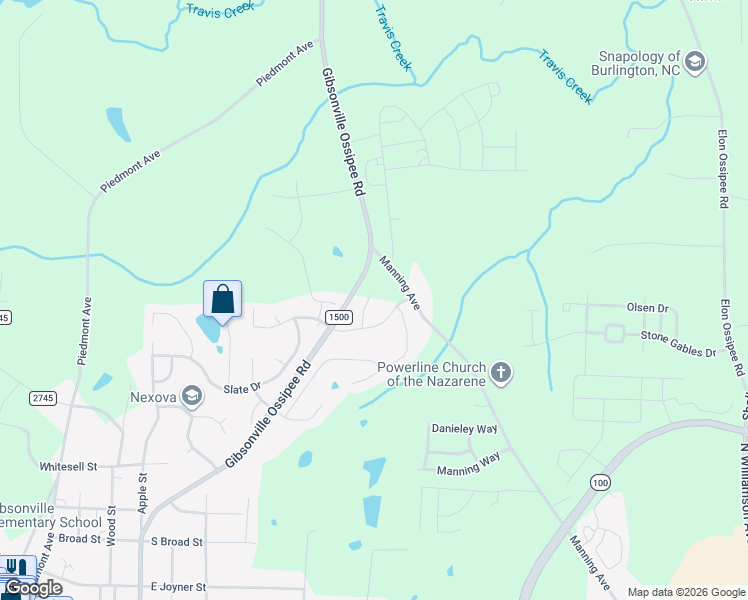 map of restaurants, bars, coffee shops, grocery stores, and more near 903 Gibsonville Ossipee Road in Elon