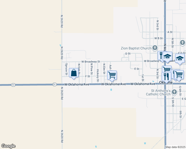 map of restaurants, bars, coffee shops, grocery stores, and more near 201 North Pine Street in Okeene