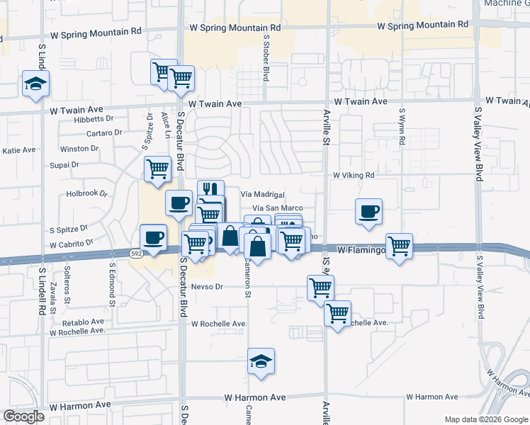map of restaurants, bars, coffee shops, grocery stores, and more near 4535 Vía San Marco in Las Vegas