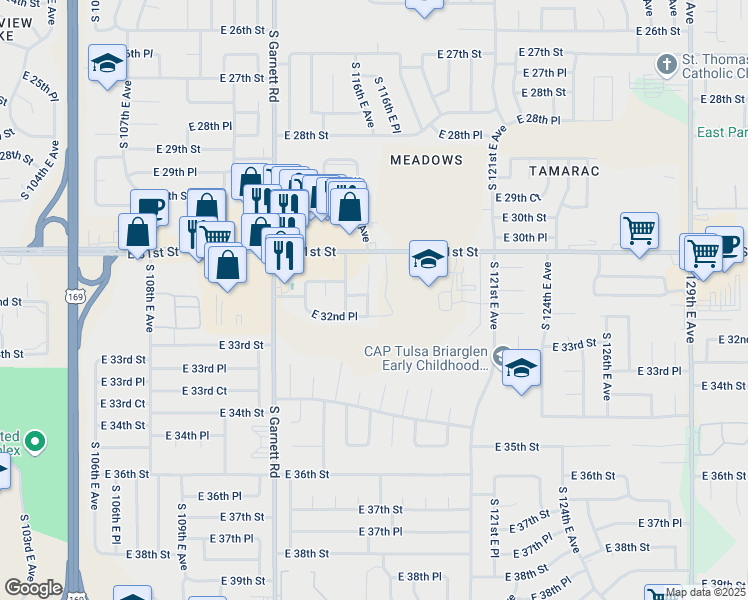 map of restaurants, bars, coffee shops, grocery stores, and more near 3217 South 117th East Avenue in Tulsa