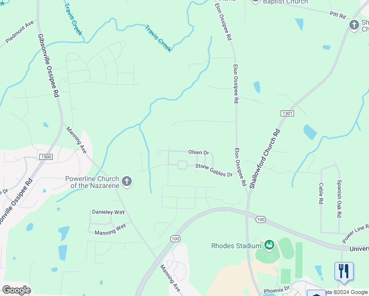 map of restaurants, bars, coffee shops, grocery stores, and more near 521 Olsen Drive in Elon