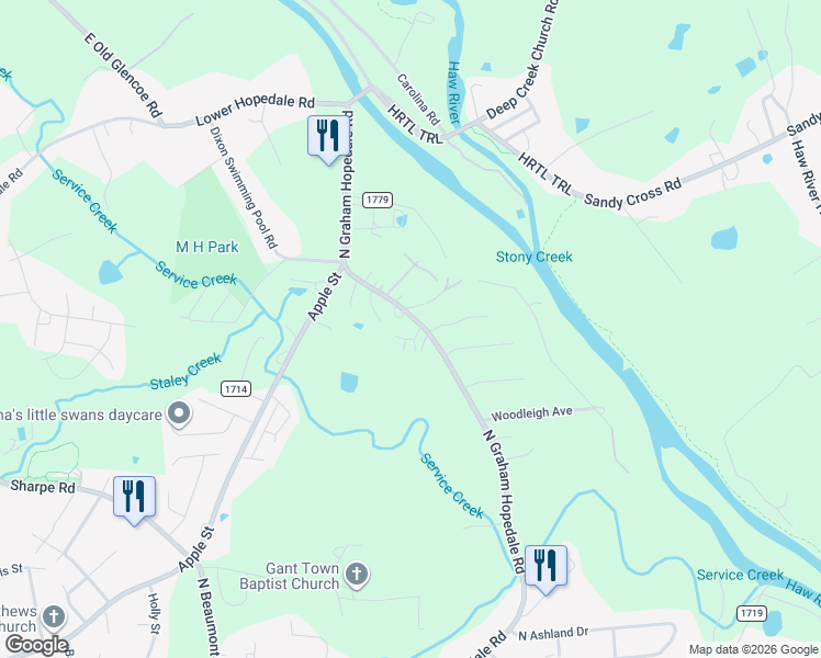 map of restaurants, bars, coffee shops, grocery stores, and more near 1460 Thomas Haith Lane in Burlington