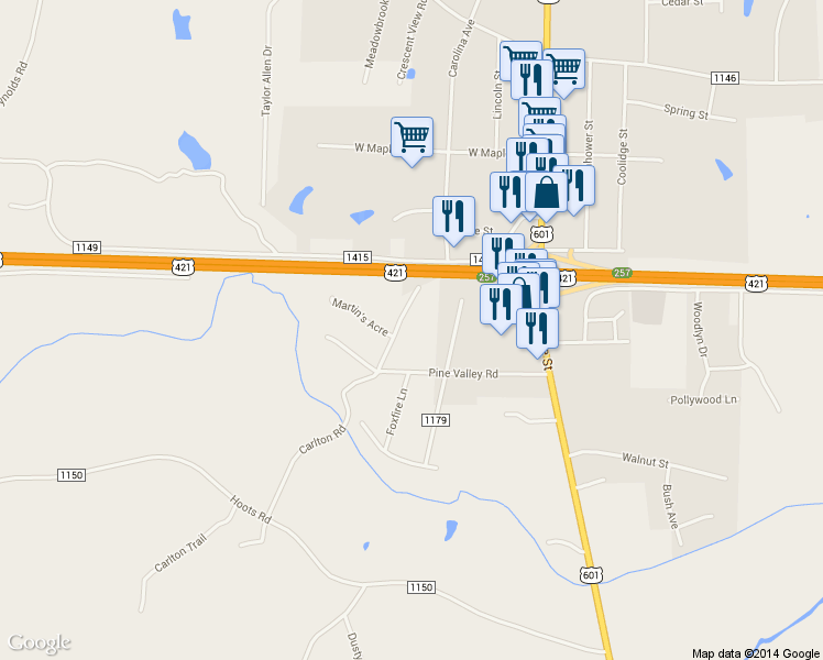 map of restaurants, bars, coffee shops, grocery stores, and more near 917 McKinley Rd in Yadkinville