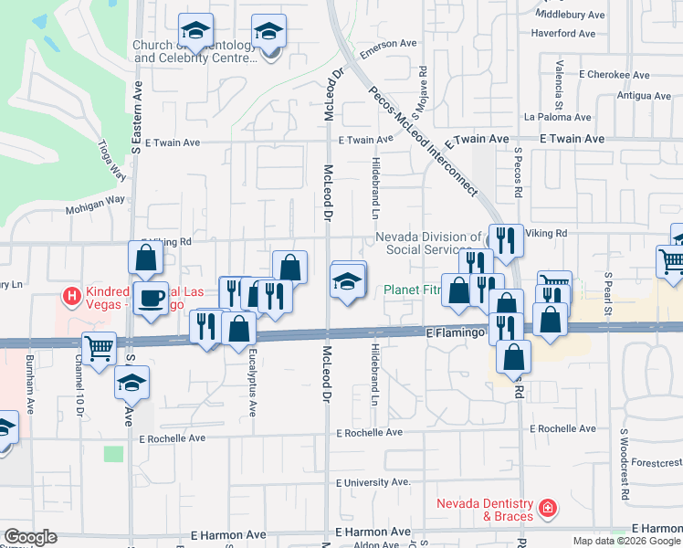 map of restaurants, bars, coffee shops, grocery stores, and more near 3025 East Viking Road in Las Vegas