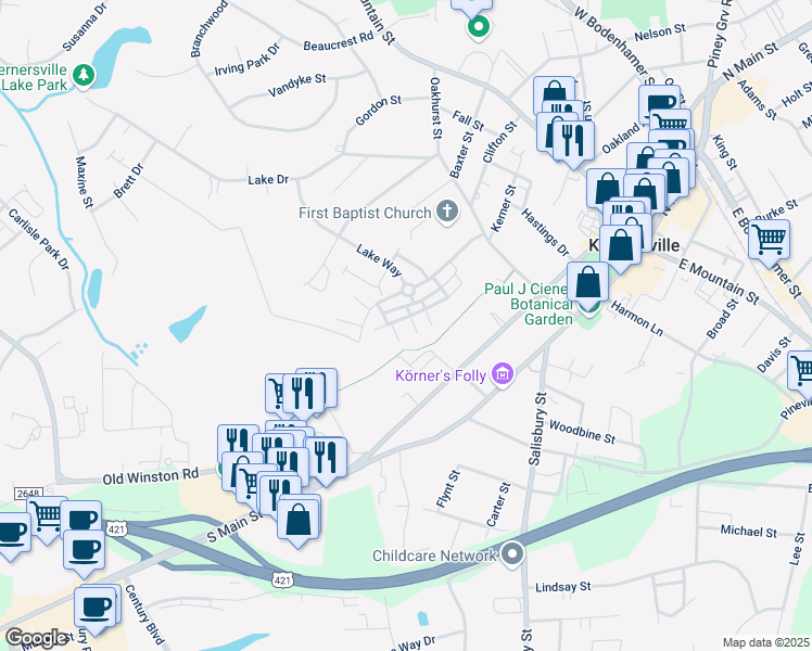 map of restaurants, bars, coffee shops, grocery stores, and more near 203 Williams Way in Kernersville