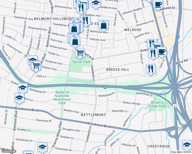 map of restaurants, bars, coffee shops, grocery stores, and more near 3112a Lealand Lane in Nashville