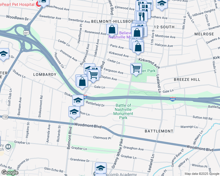 map of restaurants, bars, coffee shops, grocery stores, and more near 1415 Gale Lane in Nashville