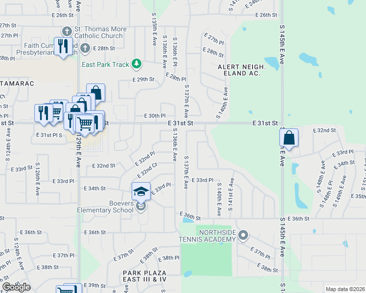 map of restaurants, bars, coffee shops, grocery stores, and more near 3221 South 136th East Avenue in Tulsa