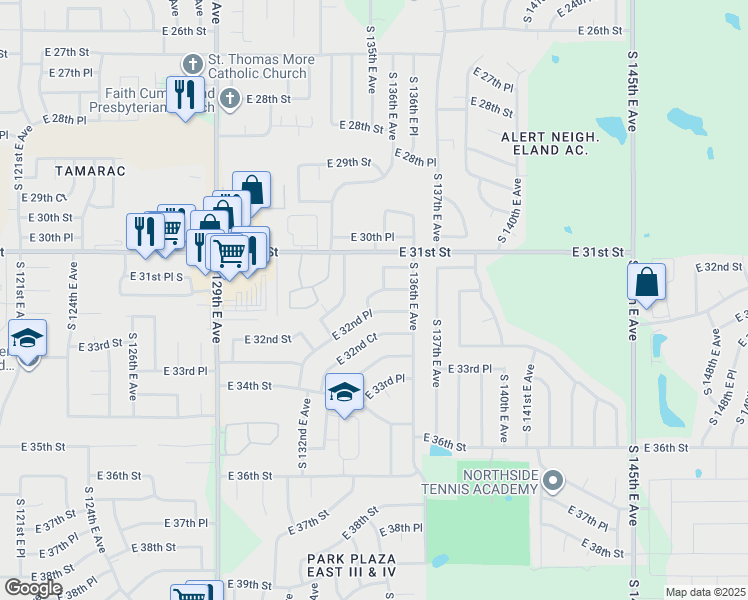 map of restaurants, bars, coffee shops, grocery stores, and more near 13351 East 32nd Place in Tulsa
