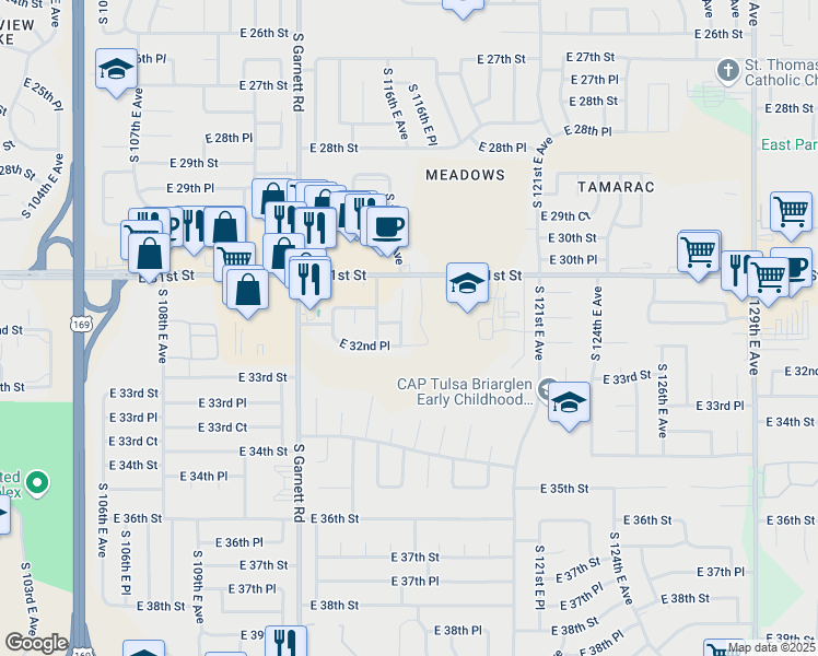 map of restaurants, bars, coffee shops, grocery stores, and more near 3217 South 117th East Avenue in Tulsa