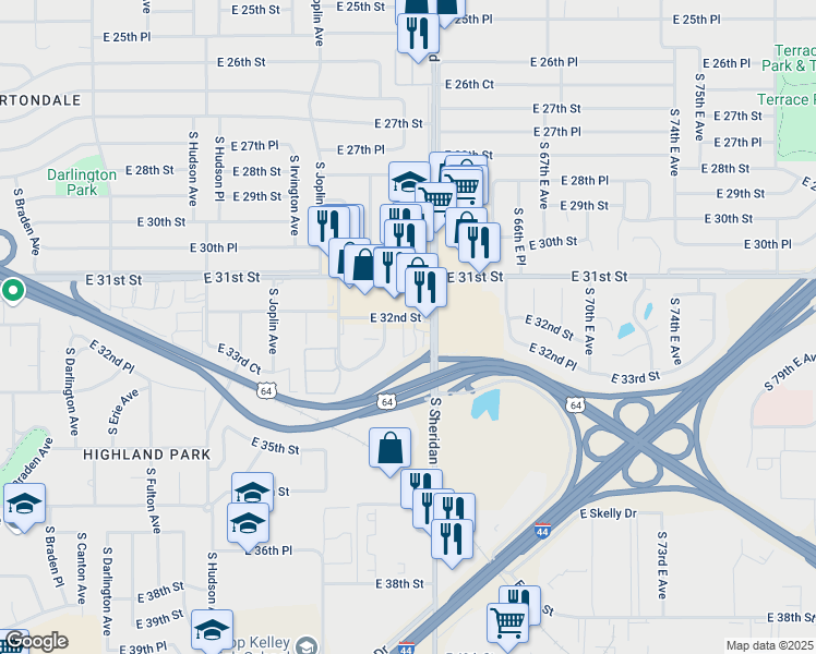 map of restaurants, bars, coffee shops, grocery stores, and more near 6342 East 32nd Street in Tulsa