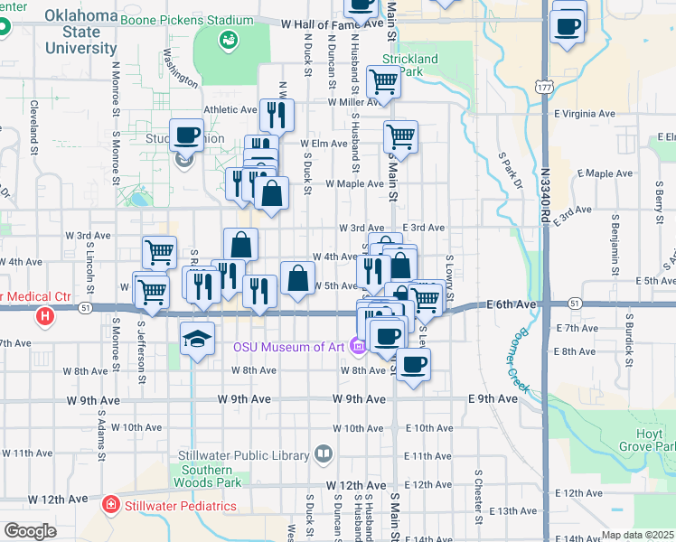 map of restaurants, bars, coffee shops, grocery stores, and more near 418 South Duncan Street in Stillwater