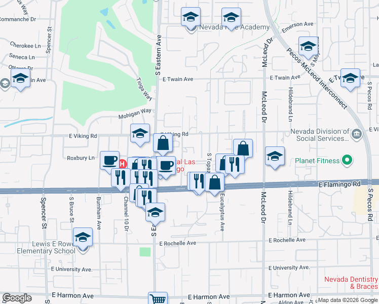 map of restaurants, bars, coffee shops, grocery stores, and more near 3962 Euclid Street in Las Vegas