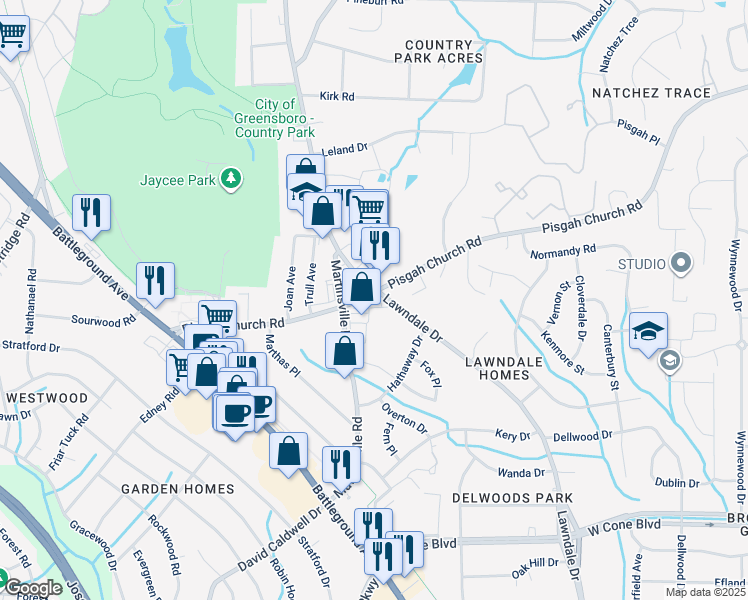 map of restaurants, bars, coffee shops, grocery stores, and more near 3601 Lawndale Drive in Greensboro