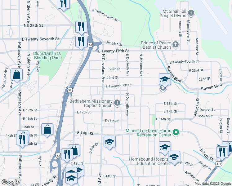 map of restaurants, bars, coffee shops, grocery stores, and more near 1226 Bethlehem Lane in Winston-Salem