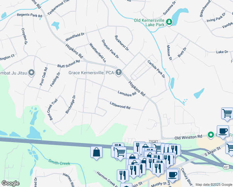 map of restaurants, bars, coffee shops, grocery stores, and more near 6440 Lamshire Road in Kernersville