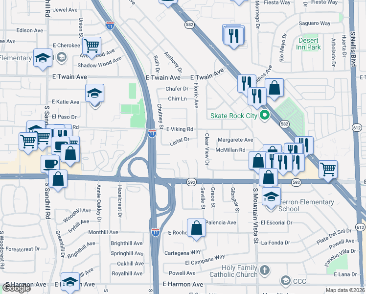 map of restaurants, bars, coffee shops, grocery stores, and more near 3971 Lariat Court in Las Vegas