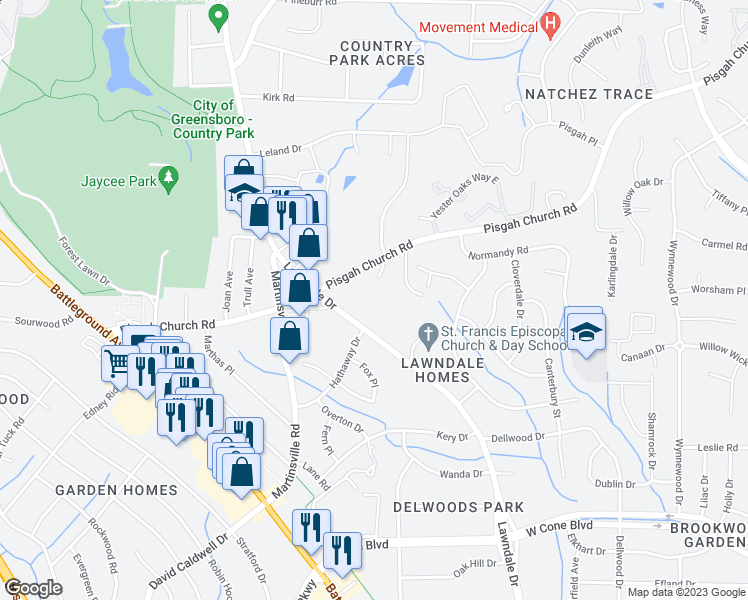 map of restaurants, bars, coffee shops, grocery stores, and more near 3536 Lawndale Drive in Greensboro