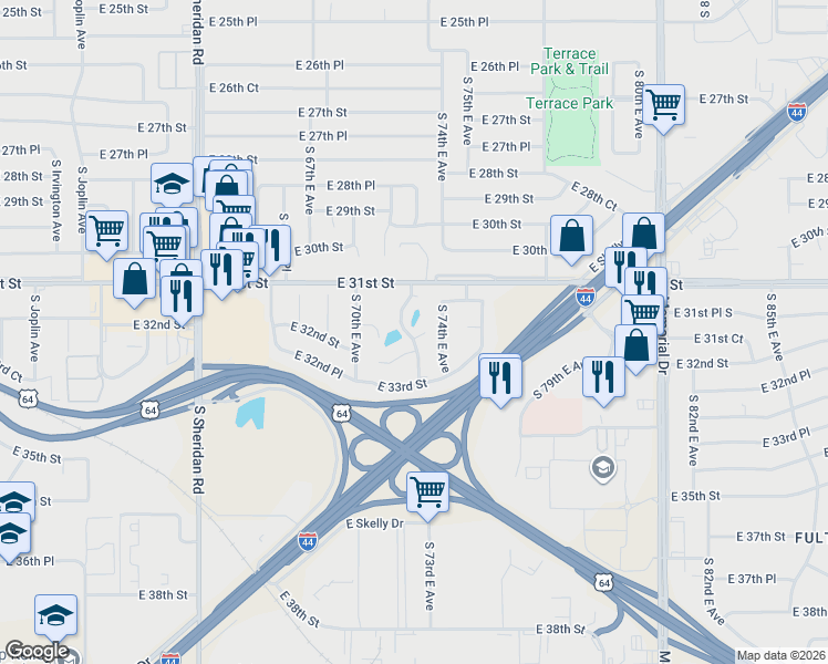 map of restaurants, bars, coffee shops, grocery stores, and more near 7231 East 32nd Place in Tulsa