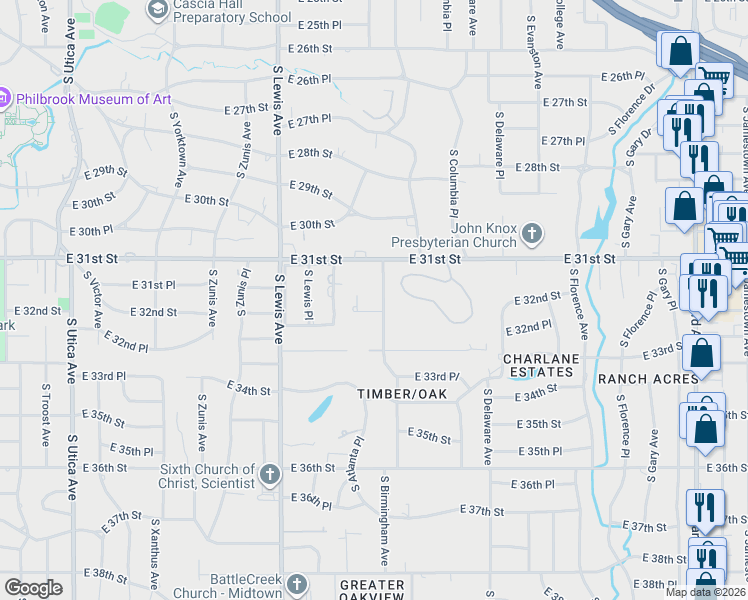 map of restaurants, bars, coffee shops, grocery stores, and more near 3142 South Birmingham Avenue in Tulsa