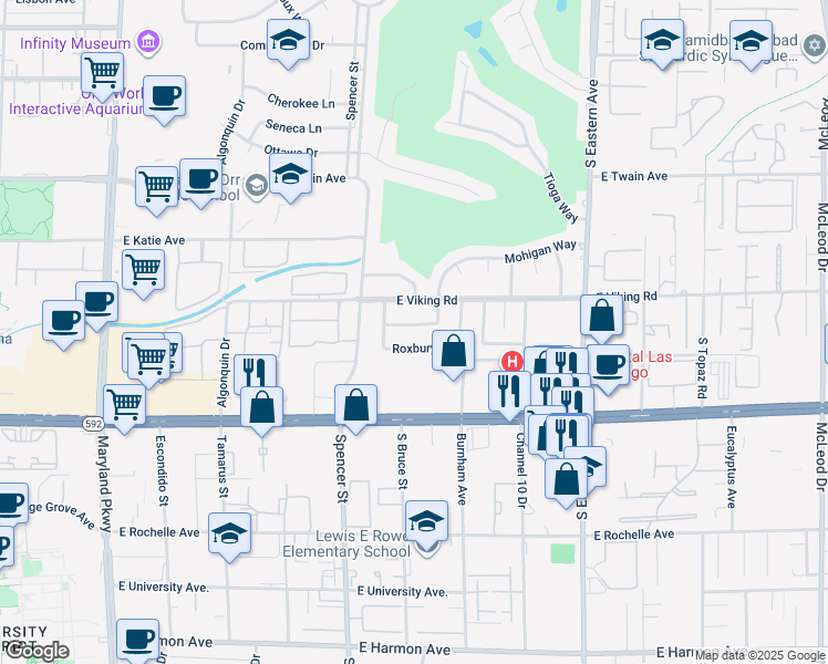 map of restaurants, bars, coffee shops, grocery stores, and more near 1895 Roxford Drive in Las Vegas
