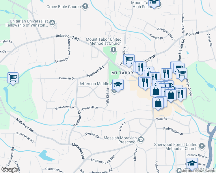 map of restaurants, bars, coffee shops, grocery stores, and more near 3656 Sally Kirk Road in Winston-Salem