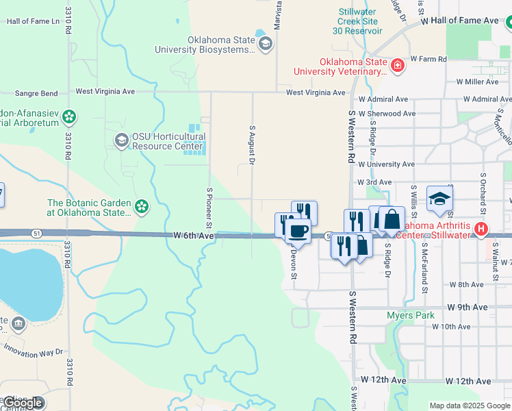 map of restaurants, bars, coffee shops, grocery stores, and more near 2902 West 6th Avenue in Stillwater